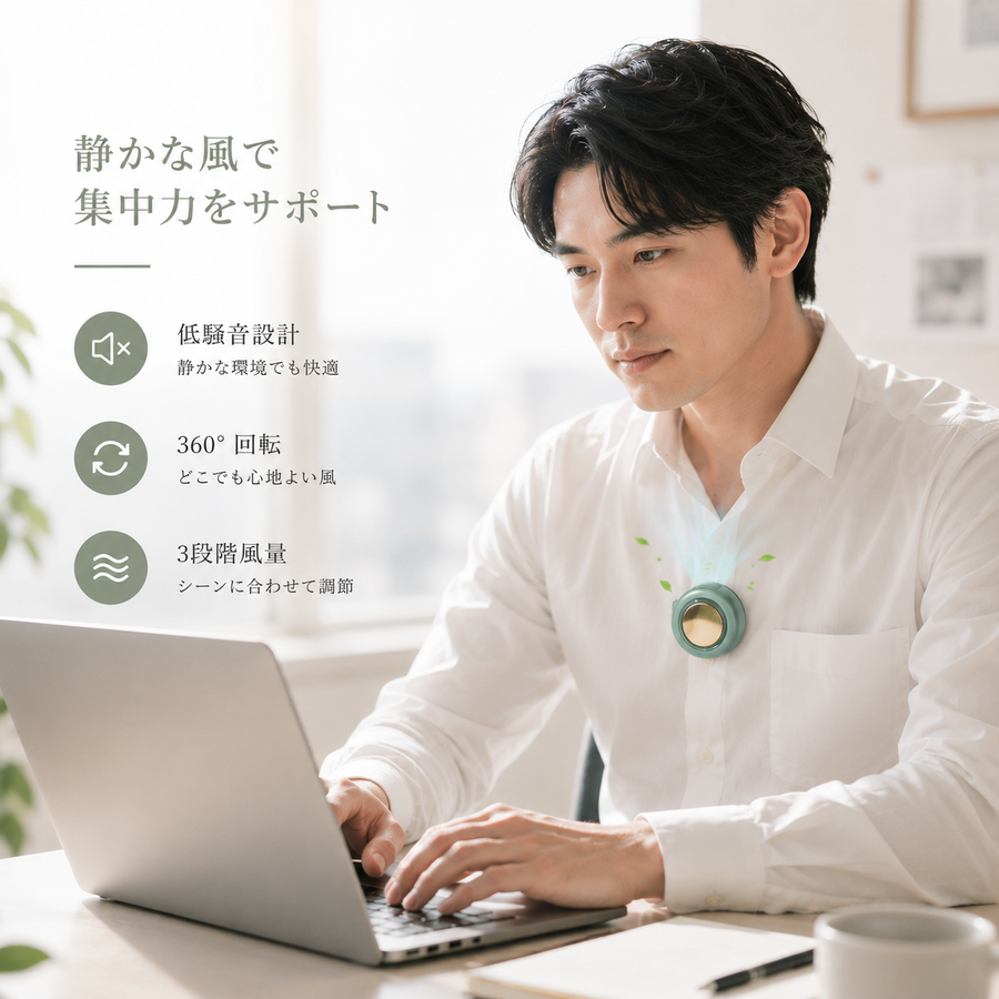 60枚ブレード×360°回転×シリコンクリップ。強力な風力をどこにでも届ける