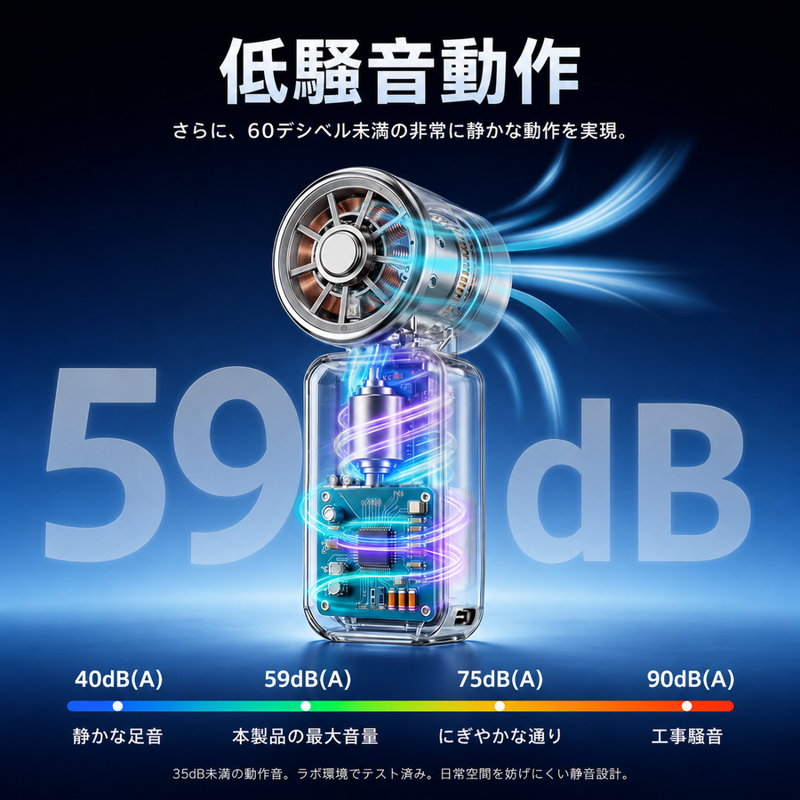最大59dBの低騒音、130gの超軽量、最長6.6時間のロングバッテリー
