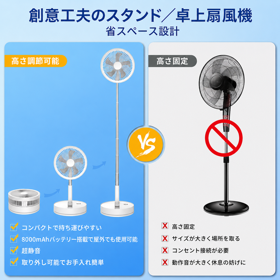 40〜105cm伸縮調整×折り畳み収納。卓上から床置きまで一台で自在
